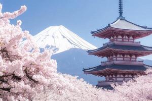 Cherry blossoms, Mt. Fuji, and pagoda photo