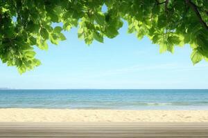 Summer beach scene with wooden platform and green leaves photo