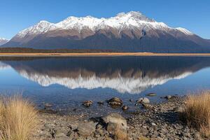 Mountain reflection on a serene lake photo