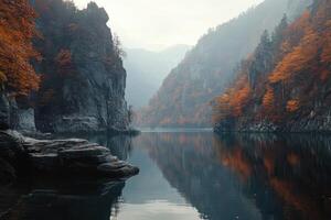 Autumnal mountain lake, serene reflections photo