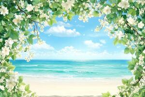 Floral beach scene with turquoise ocean photo
