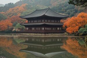 Autumnal temple by a serene pond photo