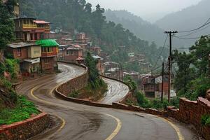 Winding mountain road through a village nestled in misty hills. Houses cling to the hillside, roads snake through, a wet, overcast day photo