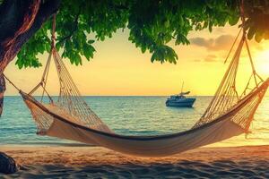 Tropical beach hammock at sunset photo
