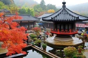 Autumnal temple courtyard with vibrant foliage and traditional architecture photo