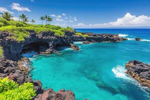 Tropical volcanic cove with vibrant turquoise water and dark lava cliffs. Lush vegetation borders the dramatic coastline, featuring a sea cave photo