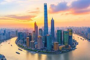 Panoramic cityscape at sunset over a river, showcasing numerous skyscrapers and a vibrant skyline photo