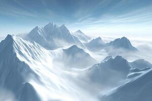 Majestic winter peaks piercing a misty sky photo