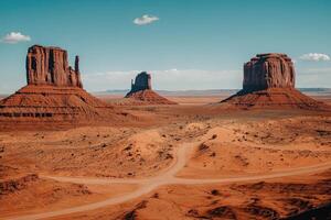 Red rock formations dominate vast desert landscape photo