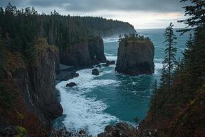 Rugged coastline with dramatic waves crashing against dark rock formations. Lush forest meets the turbulent sea photo