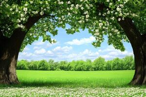 Lush green field under blooming trees photo