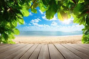 Tropical beach scene framed by lush leaves. Wooden deck foreground photo