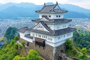 Ancient Japanese castle atop a hill overlooking a city photo