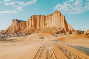 Desert landscape with sandstone cliffs and tracks photo