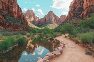 Canyon pathway reflects sky photo
