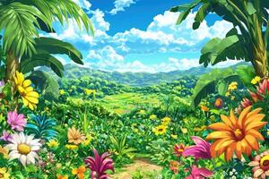 Lush, vibrant valley with colorful flowers and lush greenery photo