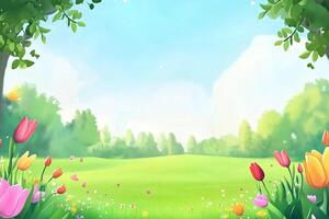 Springtime meadow scene with vibrant flowers and trees photo