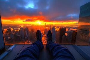 Sunset city view from high above photo
