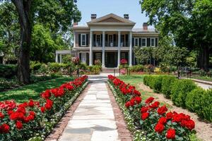 Historic mansion with rose garden pathway photo
