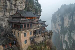Ancient temple perched on a cliffside photo