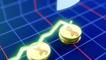 steigend Deutsche Pfennig Währung Animation, 3d Gold Münze Tropfen mit dynamisch Graph Wachstum video