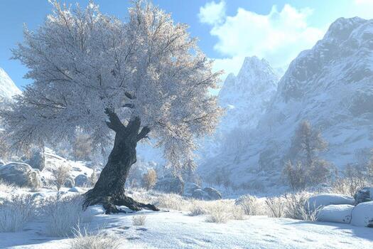 Snowy mountain valley with a large tree photo