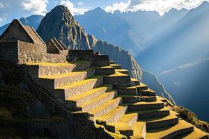 Ancient terraced fields against a mountain backdrop photo