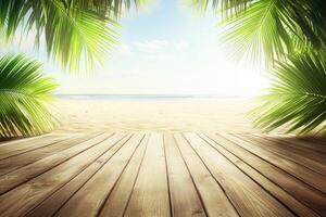 Tropical beach scene with wooden deck photo