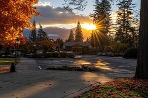 Autumn sunset over a park area, with a building and parking lot in the foreground. Golden light illuminates the trees, casting shadows on the ground photo
