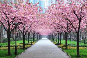 Blooming Cherry Trees Line a City Walkway photo