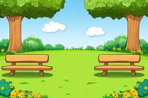 Peaceful park scene with benches under trees photo