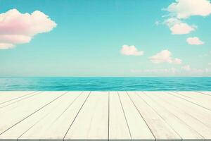 Empty wooden deck overlooking turquoise ocean, pastel sky photo