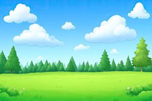 Sunny meadow scene with a forest beyond photo