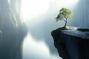 Solitary tree on a cliff overlooking a serene fjord photo