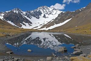 Mountain lake reflecting peak photo