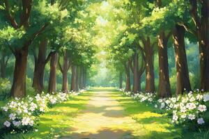 Sunlit forest path lined with trees and white flowers photo