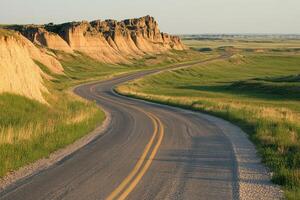 Winding road through a grassy plain, bordered by buttes photo