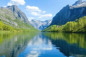 Serene fjord landscape with mirroring reflections photo