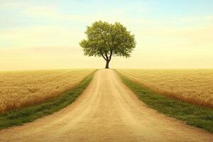 Empty dirt road leads to lone tree photo