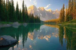 Serene alpine lake at sunrise photo