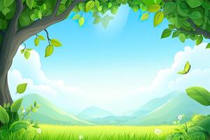 Lush spring landscape beneath a canopy of leaves photo
