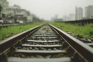 Empty train tracks extending into a hazy cityscape photo