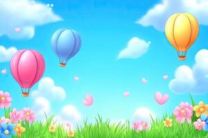 Colorful hot air balloons float over a grassy field filled with flowers and hearts under a bright blue sky photo
