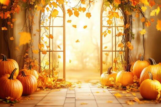 Autumnal pumpkin display at a sunlit arched window photo