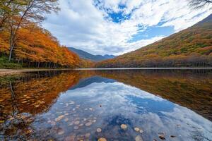 Autumnal lake reflections. Tranquil autumn scene with vibrant fall colors mirrored on a calm lake. Mountains rise in the background photo