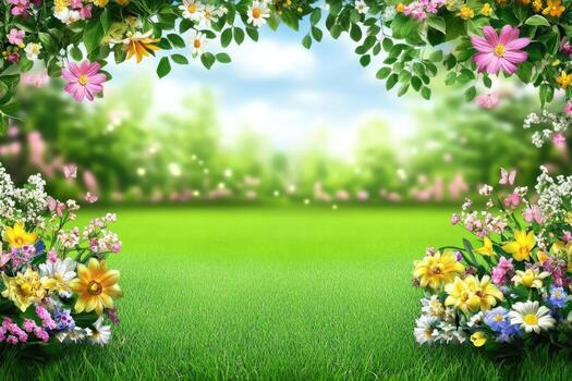 Spring floral archway over a grassy field photo