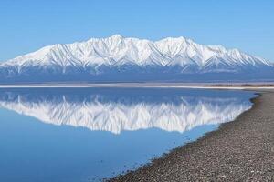 A tranquil lake reflecting snow-capped mountains. A serene alpine vista photo