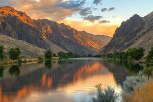 Serene river valley at sunset photo