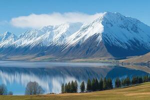 Majestic snow-capped peaks reflect on a serene lake photo