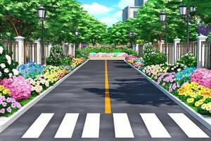 A vibrant, landscaped pathway lined with flowers and trees photo